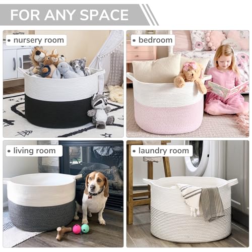 INDRESSME XXXLarge Cotton Rope Basket 21.7" x 21.7" x 13.8" Woven Baby Laundry Basket for Blankets Toys Storage Baskets with Handle Comforter Cushions Storage Bins Thread Laundry Hamper-Black Stitch - color: White, size: 21.7"D x 13.8"H