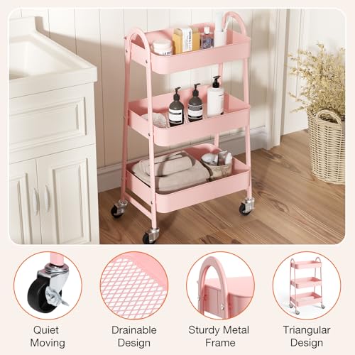 NEWBULIG 3-Tier Rolling Utility Cart with Locking Wheels, Slim Metal Mobile Storage Organizer Shelf for Small Spaces, Bathroom, Living Room, Pink - color: Pink, size: 3-Tiers