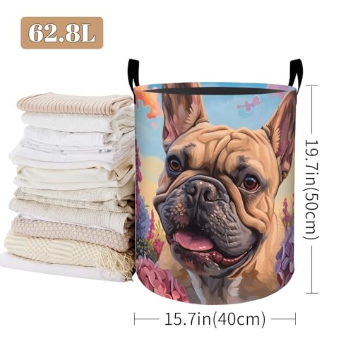 Cute Bulldog Laundry Basket, Floral Design Foldable Oxford Cloth, Waterproof Dirty Clothes Hamper with Handles, Clothing Storage Bucket Toy Organizer for Bathroom Bedroom Dorm, 19.7"x15.7" - style: Bulldog 02