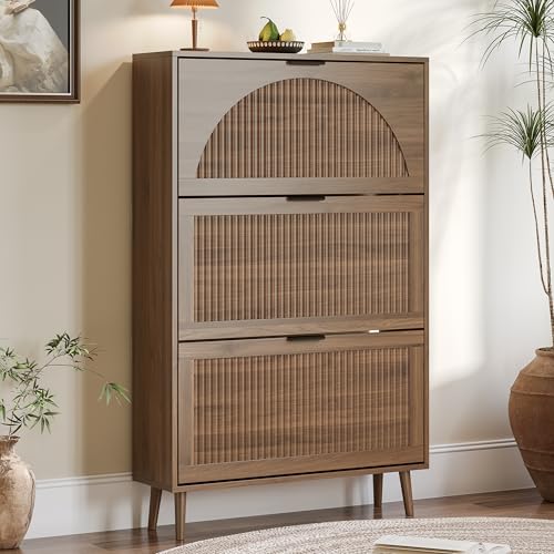 BORNOON Shoe Cabinet for Entryway with 3 Flip Drawers, Slim Wooden Shoe Storage Organizer with Modern Fluted Pannel，Freestanding Narrow Hidden Shoe Rack for Hallway, Foyer, Living Room - color: Walnut, size: 3 Flip Drawers