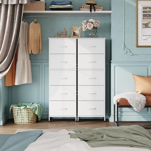 WLIVE Fabric Dresser, 5-Drawer Tall Dressers for Bedroom, Storage Dresser Organizer with Fabric Bins, Wood Top, Sturdy Steel Frame, Chest of Drawers for Closet, Hallway, White - color: White
