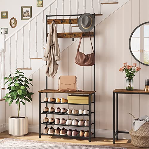 HOOBRO Hall Tree, Coat Rack with Shoe Rack, Hall Tree with Bench, 5 Tier Shoe Storage Organizer with 9 Hooks for Entryway, Closet, Sturdy, Industrial, Rustic Brown and Black BF80MT01G2 - color: Rustic Brown + Black, size: 31.5"L x 12.6"W x 74.8"H
