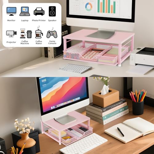 Small Pink Laptop Stand for Desk, Monitor Stand, Office Desk Accessories, Computer Desktop Stand with Drawer for Home, Office, School (Pink) - color: Pink