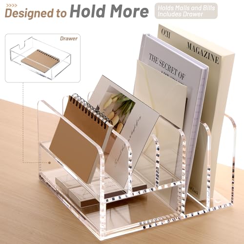 SANRUI Desk Organizers and Accessories, Acrylic Mail Organizer Countertop, 5-Slots File Sorter with Drawer, Desktop Organizer for Office Supplies - style: 5 Sections With Drawer