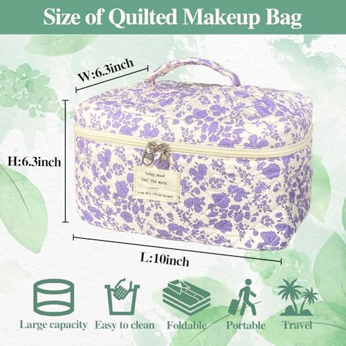 Purple Large Quilted Floral Makeup Bag Cute Soft Coquette Aesthetic Cosmetic Bag Cotton Travel Toiletry Bag for Women - color: A-Purple