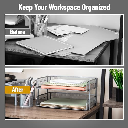 Mind Reader 2-Tier Stackable Paper Tray, Desktop Organizer for Letter-Size Documents, Office File Storage, Metal Mesh, Set of 2, Silver - color: Silver