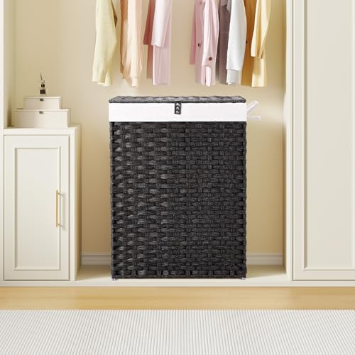 Greenstell Laundry Hamper with Lid, 90L Clothes Hamper with 2 Removable Liner Bags & 2 Mesh Laundry Bags, Handwoven Synthetic Rattan Laundry Basket for Clothes, Toys in Bathroom, Bedroom Black - color: Black, size: 90L (18.1 x 13.0 x 23.6 inches)