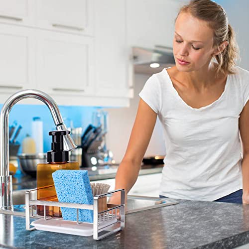 HULISEN Kitchen Sink Sponge Holder, 304 Stainless Steel Kitchen Soap Dispenser Caddy Organizer, Countertop Soap Dish Rack Drainer with Removable Drain Tray, not Including Dispenser and Brush - color: Silver, size: Medium
