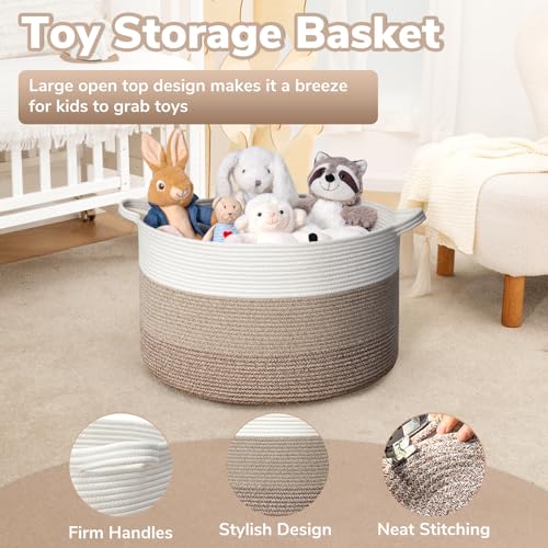 Goodpick Large Laundry Basket, Woven Rope Storage Basket for Blanket, Toy Bin for Baby Room, Nursery, Bedroom, Toys, 21.7'' x 13.8'', Light & Brown - color: White & Light Brown, size: 21.7x21.7x13.8 Inch (Pack of 1)