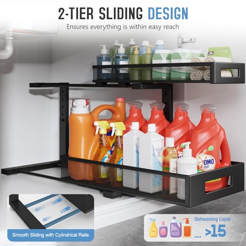 2 Pack 19IN Depth Under Sink Storage Organizer, Large 2-Tier Elegant Mesh Pull Out Shelf for Kitchen and Bathroom Cabinet Organization, L-Shaped and Adjustable Height Design-Black - color: Black, size: 2 Pack-19"Dx11.4"-16.14"H