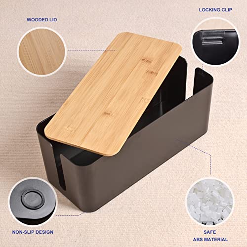 Cable Management Box - Wooden Style Large Cord Organizer to Hide Wires & Power Strips | Desk Computer Cable Organizer | Safe ABS Material | 16" (L) x 6.2" (W) 5.3" (H) | for Home & Office - Black - size: Large