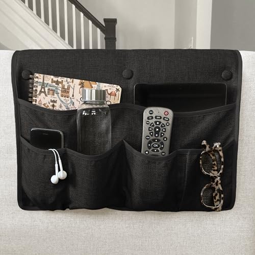 No Tuck Armchair Caddy with Matching Pin Fasteners - 19 x 24 Inches - No Tucking, No Slipping - Armrest Organizer for Recliner and Couch (Black) - color: Black