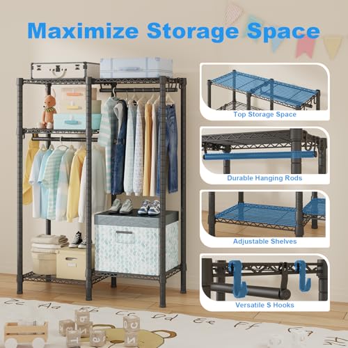 Ulif F1 Garment Rack for Kids, Baby, Students, and Children's Room, 4 Tiers Freestanding and Portable Heavy Duty Closets, Small Metal Clothes Rack with 2 Hanging Rod, 31.2" W x 11.8" D x 48" H, Black - color: Black