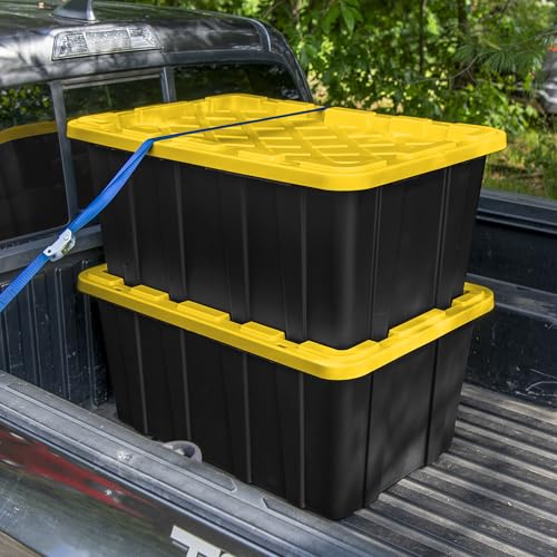 Sterilite 4-Pack Industrial Tote, Plastic Storage Container Bins with Lids, 38 Gallon - Heavy-Duty Organizing Containers for Closet, Bathroom, and Office - size: 38 Gallon - Black/Yellow