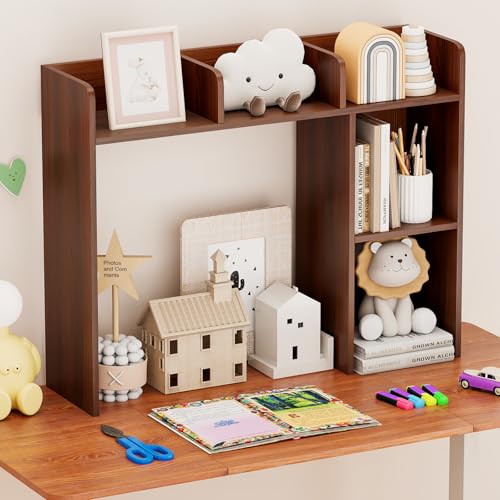 Tangkula Desktop Bookshelf, Countertop Storage Hutch with Shelves for Computer Desk, Desk 3-Tier Display Rack, Multipurpose Wood Desktop Hutch Storage Organizer for Dorm Office (Walnut,5 Shelves) - color: Walnut, size: 5 Shelves