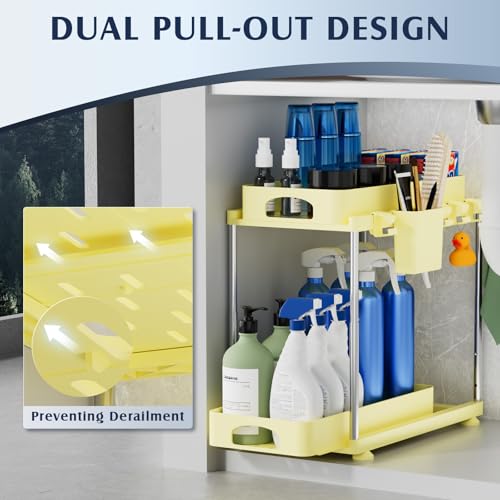 VERIFOST 2 Pack Under Sink Organizers and Storage, Height Adjustable Bathroom Cabinet Organizer, 2 Tier Under Sink Organizer with Hooks, Under Cabinet Organizer for Kitchen Bathroom (Yellow - color: Yellow