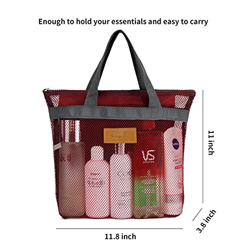 TOPASION Mesh Shower Caddy Bag Portable Hanging Toiletry and Bath Organizer with Zipper for Travel, Gym, Camping, College Dorms, Beach - color: Wine Red