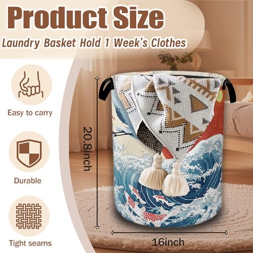 White Crane Laundry Baskets,Red Sun Japanese Wave Laundry Hamper,Storage Basket with Handles for Bathroom Bedroom College Dormitory Living Room Nursery Organizer 16"x20.8" - color: White Crane, Red Sun Japanese Wave