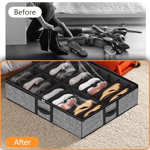 homyfort Under Bed Shoe Storage Organizer Fits 16 Pairs Shoes and 4 Pairs Boots, Underbed Shoe Storage Boxes Bins, Organizador De Zapatos, Extra Large Zapateras Organizer for closet, Black, Set of 2 - color: Black, style: 16 Pairs Shoes + 4 Pairs Boots