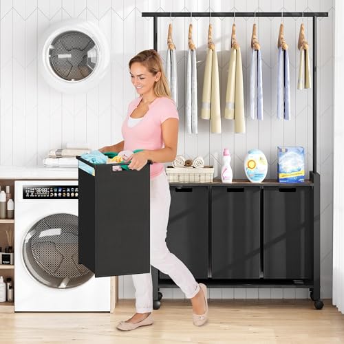 IDEALHOUSE Laundry Sorter, Rolling Laundry Hamper with Hanging Rack, Laundry Hamper 3-Section with Wheels, Hampers for Laundry, Laundry Basket Organizer for Laundry Room, Rustic Brown - size: L2 Size