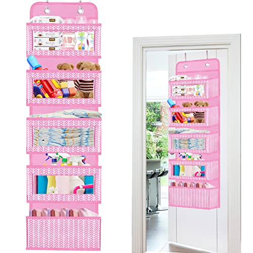VERONLY Over The Door Hanging Organizer with 5 Large Pockets - Wall Mount Pantry Storage with 2 Big Metal Hooks for Baby Girl’s Diapers Closet, Bathroom, Nursery, Bedroom, Dorm, Baby, Kids Toys (Pink) - color: Branch Pattern Pink