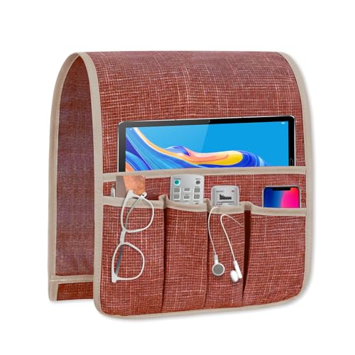 Couch Armrest Remote Control Holder, Couch Caddy Gifts for Seniors Bed Caddy Tv Remote Holder with 5 Pockets for Key Glasses Phone Magazine Holders - color: Brown