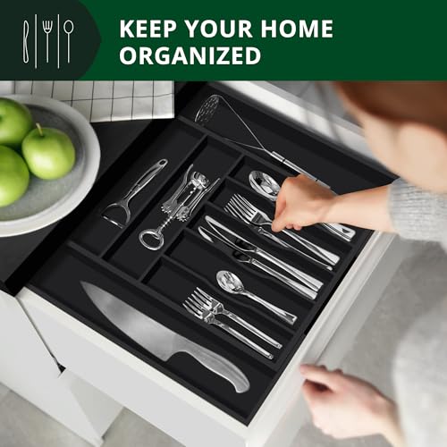 ROYAL CRAFT WOOD Luxury Bamboo Kitchen Drawer Organizer - Silverware Organizer - Utensil Holder and Cutlery Tray with Grooved Drawer Dividers for Flatware and Kitchen Utensils (9 Slot, Black) - color: Black, size: 9 Slot