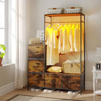 Clothing Rack with Fabric Drawers & LED Lights, 39.4W*57H Dresser with Hanging Rack, Free Standing Wardrobe Closet with Shelves, Closet Organizer with Drawers for Bedroom, Small Space, Apartment - color: Brown