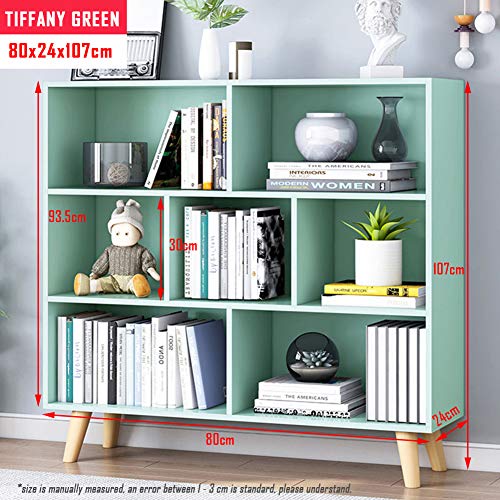 IOTXY Wooden Open Shelf Bookcase - 3-Tier Floor Standing Display Cabinet Rack with Legs, 7 Cubes Bookshelf, Tiffany-Green - color: Tiffany Green, size: 80CM
