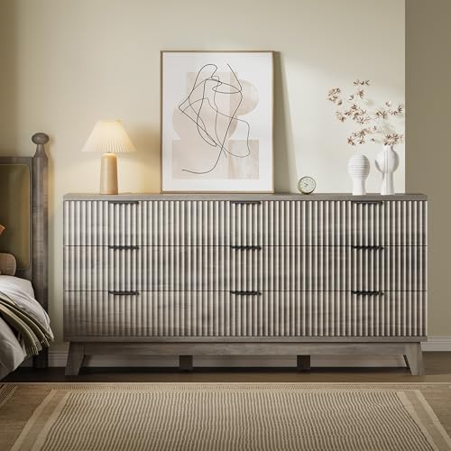 BORNOON 63" Long Dresser for Bedroom, 9-Drawer Fluted Dresser, Extra-Wide Wood Chest of Drawers with Smooth Metal Slides, Stable Base, Modern Clothes Storage Cabinet for Living Room, Hallway, Nursery - color: Rustic Drift, size: XL 9-Drawer