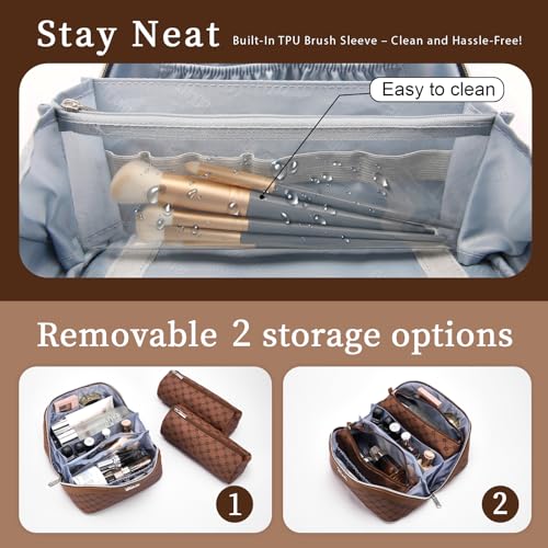 BOYATU Travel Makeup Bag Cosmetic Bags for Women: 3 Pcs Set Large Capacity Make up Bag with Handle - Vegan Leather Toiletry Bags with Compartments - Makeup Organizer for Travel Essentials(A-6-Brown) - color: A-6-Brown