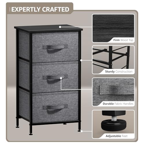 Sorbus Nightstand with 3 Drawers - Bedside Furniture & Night Stand End Table Dresser with Steel Frame, Wood Top, Easy Pull Fabric Bins for Home, Bedroom Accessories, Office & Dorm - color: Black, style: 3 Drawer