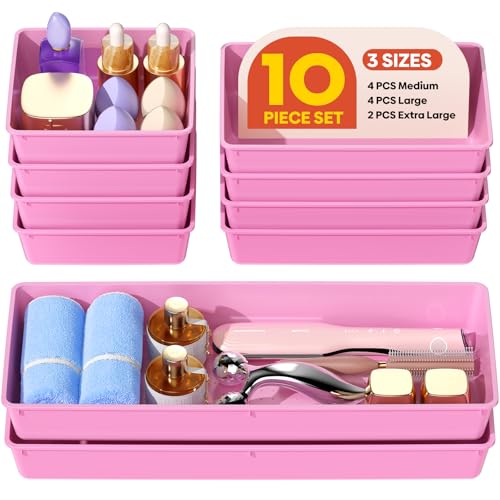 10 Pack Large Size Plastic Drawer Organizers Set, 3 Sizes Desk Drawer Organizer Trays, Storage Bins for Vanity, Makeup, Bathroom, Kitchen Utensils and Office (Pink) - color: Pink