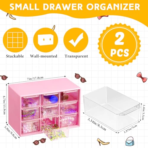 Wenqik 2 Pcs Mini Storage Drawers Teacher Toolbox Organizer with 9 Clear Drawers Small Plastic Desktop Teacher Desk Craft Organizer for Classroom Office 7" x 3. 9" x 4. 7"(Rose Red) - color: Rose Red