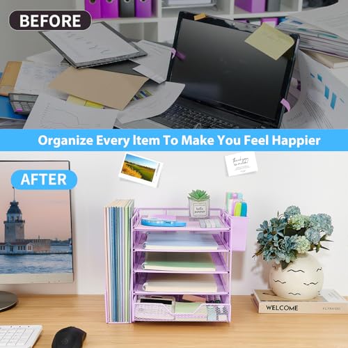 Desk Organizer, 5-Tier Paper Letter Tray Organizer with File Holder, Drawer and Pen Holder, Desktop Organizer for Office Supplies, Purple - color: Purple