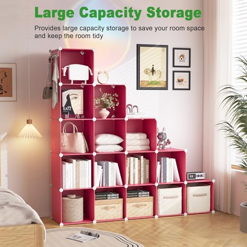 C&AHOME Cube Storage Organizer, 16-Cube Shelves Units, Plastic Storage Cubes, DIY Closet Organizer, Modular Closet Storage Shelves Ideal for Home, Bedroom, 48.4" L × 12.4" W × 48.4" H Red UPCS16R - color: Red