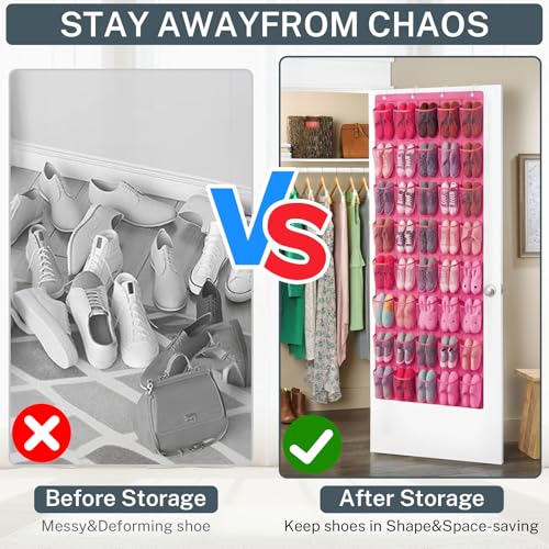 40-Pocket Over the Door Shoe Organizer - Large Mesh Pocket Hanging Shoe Organizer,Behind the Door Shoes Storage Holder Hanger - color: Hot Pink