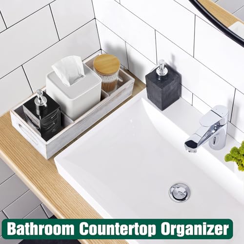 14 Inch Farmhouse White Bathroom Basket with Removable Dividers - 3 Comparments Wood Toilet Paper Basket for Back of Toilet Tank Topper - White Storage Organizer for Bathroom Pantry Organization - color: Rustic White