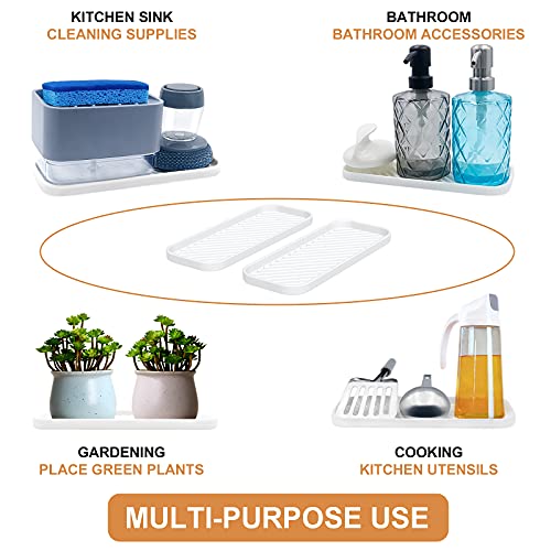 Silicone Organizer Tray, Soap and Sponge Holder for Kitchen Sink, Bathroom - Storage Tray for Dish Brush, Soap Dispenser, Dishwashing Accessories- 2 Pack (White) - color: White, size: 9.2 x 3.6 x 0.5 inches