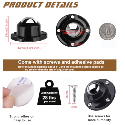 PlusRoc 16 Pack 1 Inch Self Adhesive Caster Wheels for Furniture Mop Bucket, Load Capacity 28 LBS Per Wheel, Low Profile Swivel Wheels for Small Appliance Storage Bins - style: Steel Ball