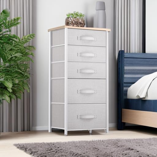 YITAHOME Tall 5 Drawer Dresser - Fabric Storage Tower, Organizer Unit for Bedroom, Living Room, Hallway, Closets - Sturdy Steel Frame, Wooden Top & Easy Pull Fabric Bins - Light Grey - color: Pale Gray, style: 5-Drawer
