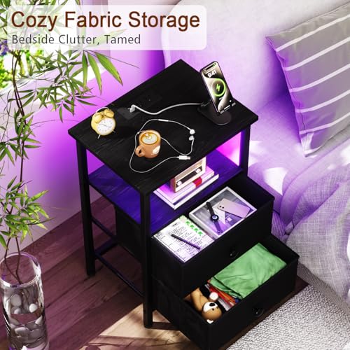LOAKEKEL LED Night Stand with Charging Station, Small Bedside Table with USB Ports & Outlets, 2 Fabric Storage Drawers with PU Finish for Bedroom, Black, HETS02BK-1 - color: Black, style: Two-drawer