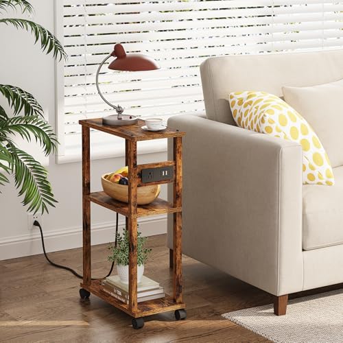 TUTOTAK Small Narrow Side Table with Charging Station, Skinny End Table for Small Spaces, Slim Nightstand with USB Ports and Outlet, Sofa Beside Table with Wheels, Rustic Brown TB01BB047C - color: Rustic Brown, size: 2 PC, style: With Plug