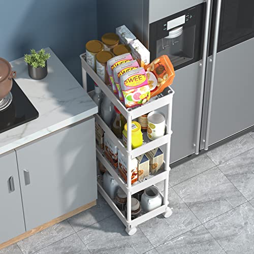 Sooyee 4 Tier Wide Storage Cart Mobile Shelving Unit Organizer Slide Out Storage Rolling Utility Cart Tower Rack for Kitchen Bathroom Laundry, Plastic & Stainless Steel,White - color: White, size: Wide