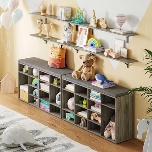 DINZI LVJ Shoe Storage Bench with Cushion, 16-Cubby Shoe Rack, Adjustable Shelves, Multifunctional Shoe Organizer Bench for Entryway, Mudroom, Hallway, Living Room, Bedroom and Garage, Gray Wash - color: Gray Wash, size: 16 Cubby