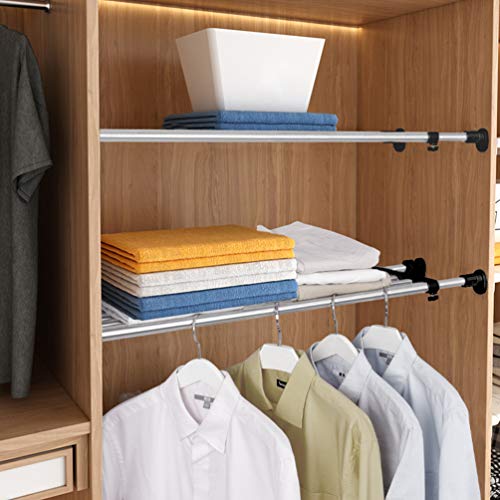 BAOYOUNI Adjustable Closet Shelf Expandable Shelves Tension Rod Hanger Space Saving Storage Rack Organizer Divider for Wardrobe, Cupboard, Kitchen, Bathroom Use, Black, 2 Pack - color: Black, 2pcs (2-bar Telescopic), size: Recommended Use Length: (46.06-7