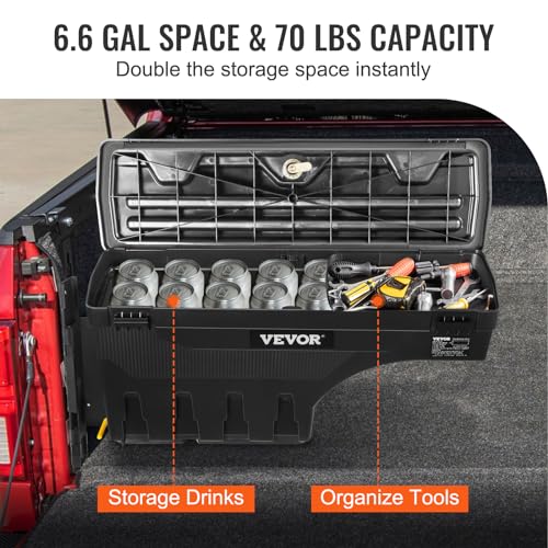 VEVOR Truck Bed Storage Box, Lockable Lid, Waterproof ABS Wheel Well Tool Box 6.6 Gal/20 L, Compatible with Chevrolet Silverado 1500 GMC Sierra 1500 2019-2020, Driver Side, Black - size: Driver Side, style: Chevrolet Silverado