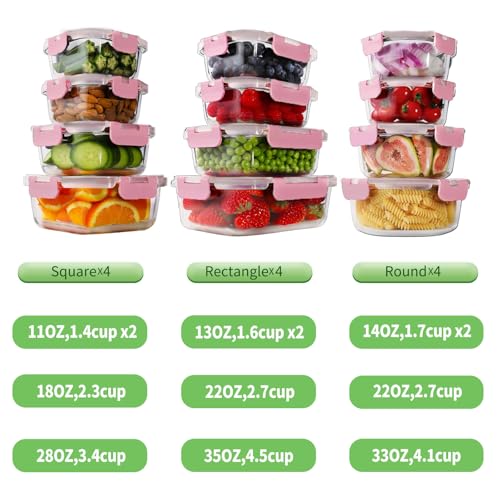 HOMBERKING 24pc Glass Food Storage Containers with Lids, Airtight Glass Bento Boxes, BPA Free & Leak Proof, Pantry Kitchen Storage (12 Lids & 12 Containers) - Pink - color: Pink
