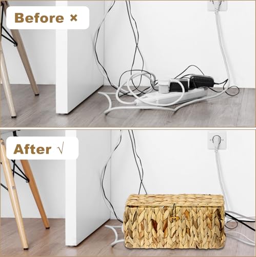 BTSKY Woven Cable Management Box with Lid, Water Hyacinth Cord Organizer for Desk, Cable Organizer Box with 2-Open Slots to Hide Power Strips USB Hubs for Home & Office, Pet Proofing Cord Basket, L - size: L