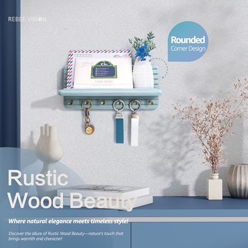 Rebee Vision Pine Wood Key Holder Wall Mount for Room Accessories – Decorative Key Holder for Wall with 6 Hooks & Floating Shelf – Rustic Wall Organizer for Home Decor Aesthetic (Blue) - color: Blue, size: Medium-11inch